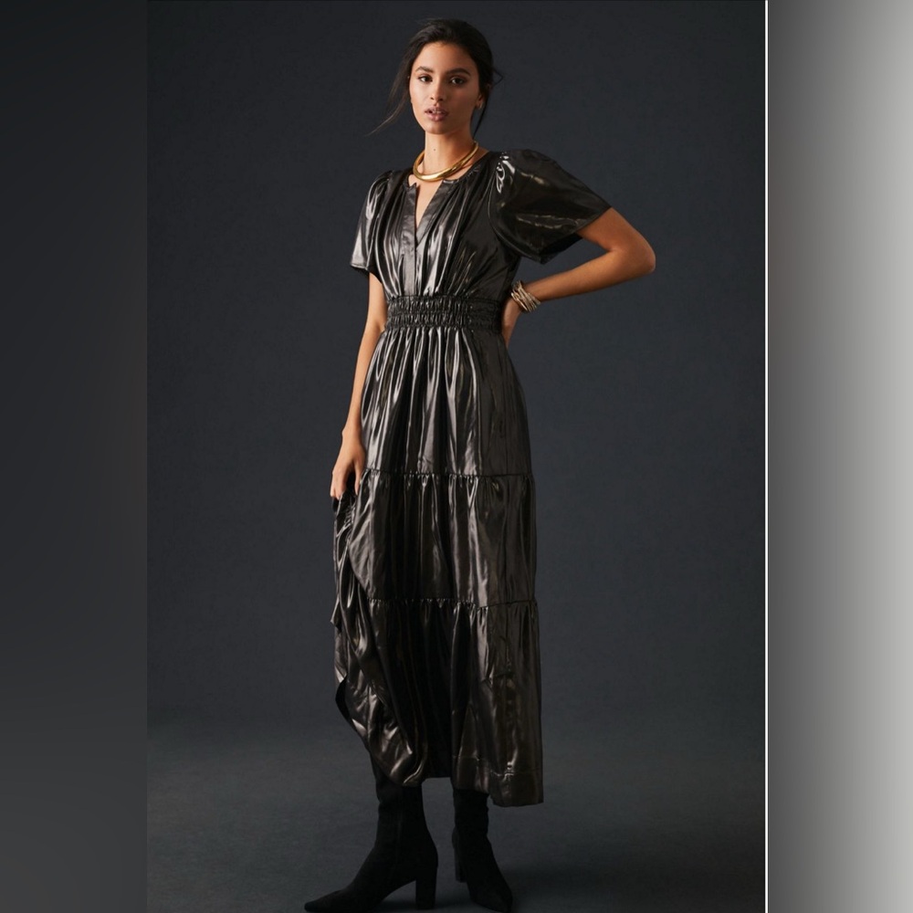 Anthropologie Black Shiny Liquid Tiered Maxi Dress